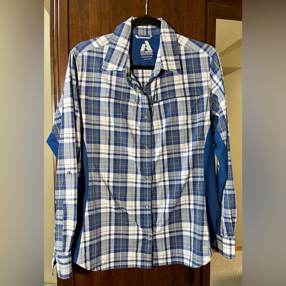 Vintage Eddie Bauer blue plaid camp shirt with stretch side panels